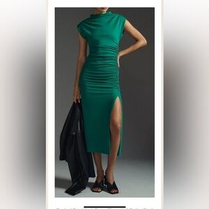 EUC Anthropologie Maya Ruched Cowl Neck Vibrant Green Stretch-Fitting Midi Sz Sm